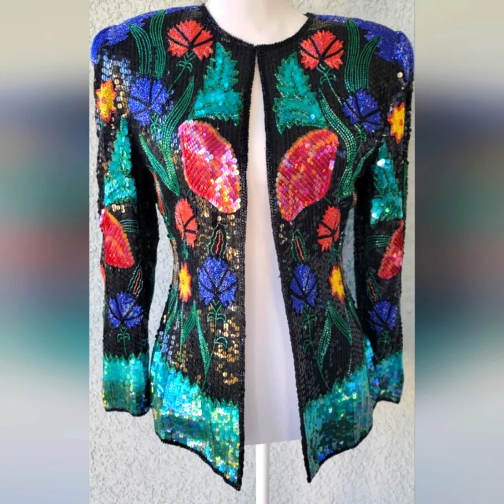 Scala Vintage Colorful Beaded  Floral Silk Statement  Jacket - Picture 10 of 10